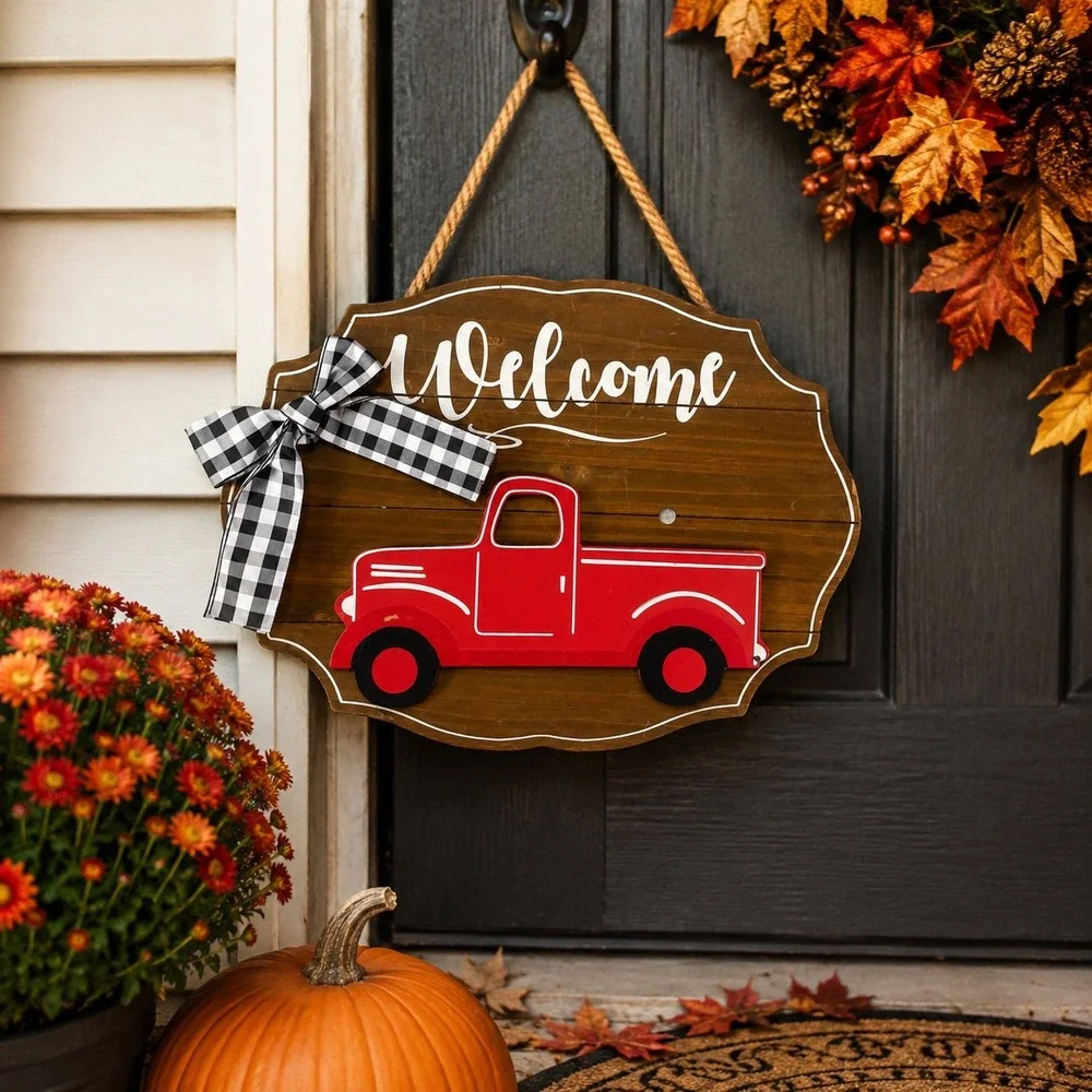 Red Truck Welcome Door Hanger Interchangeable Seasonal Farmhouse Wood Sign
